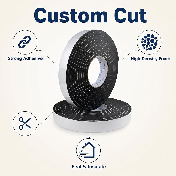 Seal Foam Tape,1/16" Thick-1"-49ft 2Rolls, Weather Stripping for Door and Window,High Density Single Sided Closed Cell Door Insulation Weather Strip, Black