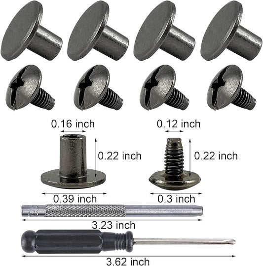 YORANYO 100 Sets Gunmetal Round Flat Head Chicago Screws - Kit for Leather Crafting, Clothing, Shoes, Belts & Bags - 25/64 Inch