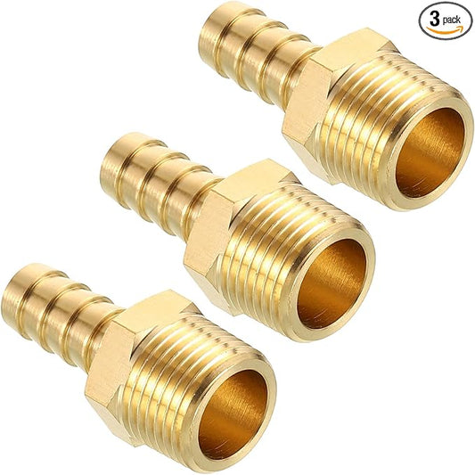 Pack of 3 Brass Hose Barb Fittings 3/8" Hose Barb to 3/8" NPT Male Fittings