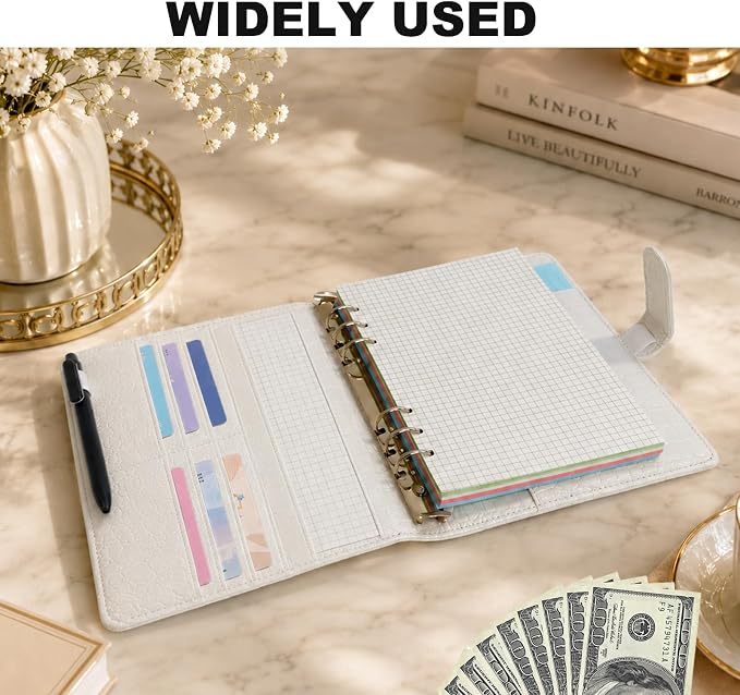 Convend A5/A6 Refillable 6 Ring Binder Cover, Crocodile-Textured PU Leather Notebook Binder with Hidden Snap Closure, Planner Organizer, (White)