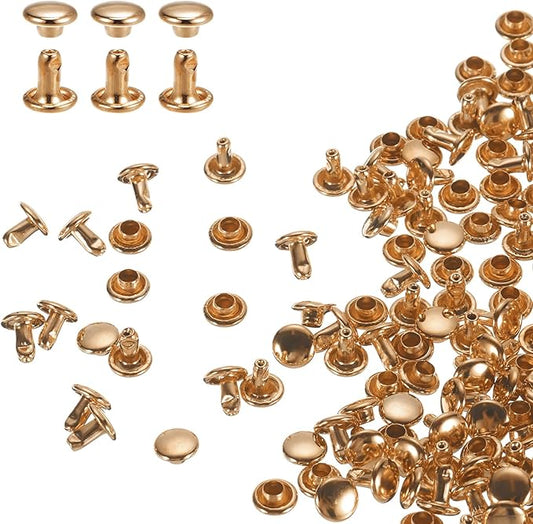 HARFINGTON 100 Sets Double Cap Leather Rivets, 6x6mm Round Cap Tubular Metal Studs Leather Crafting Rivets for Fabric Belt Pet Collar Boot Bag Repair and Decoration, Light Gold