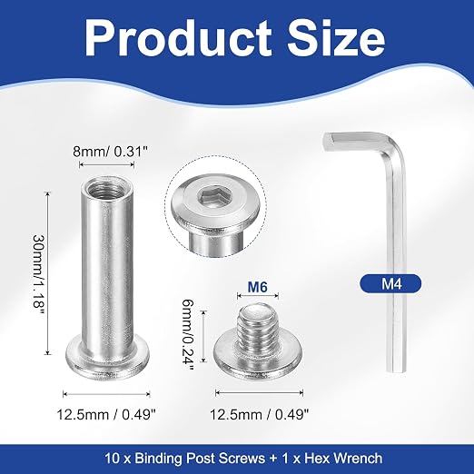 PATIKIL M6x6mm Hex Chicago Screws 8x30mm, 10Pcs 304 Stainless Steel Metric Hex Drive Socket Cap Binding Post Screw Posts for Scrapbook Leather Belt Album Furniture Repair, Silver