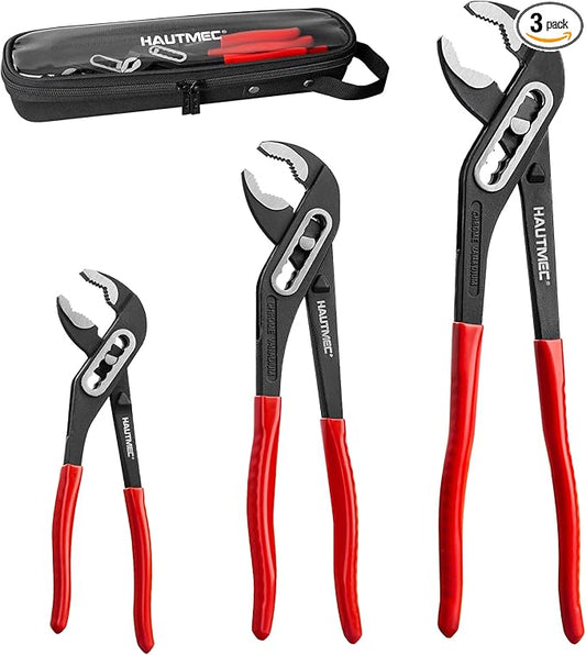 HAUTMEC Water Pump Pliers Set, Wider Opening,Groove Joint Pliers with Curved Jaw and Quick Adjustment Lock for Gripping,Repair,Nuts,Bolts, Pipe,12/10/7 Inch HT0323