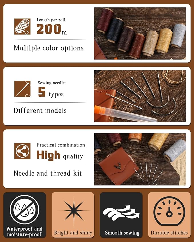 DIUDUS 218 Yards Upholstery Thread Heavy Duty, Waxed Leather Thread Sewing Kit with Heavy Duty Needles, Thread for Hand Sewing Leather Craft Repair Leather Shoes Bags Sofa (Red)