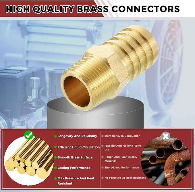 Pack of 1 Brass Hose Barbs Fittings 1" Hose Barbs to 1/2" NPT Male Fittings for Home Machines, Massage Bathtubs, and Irrigation Systems