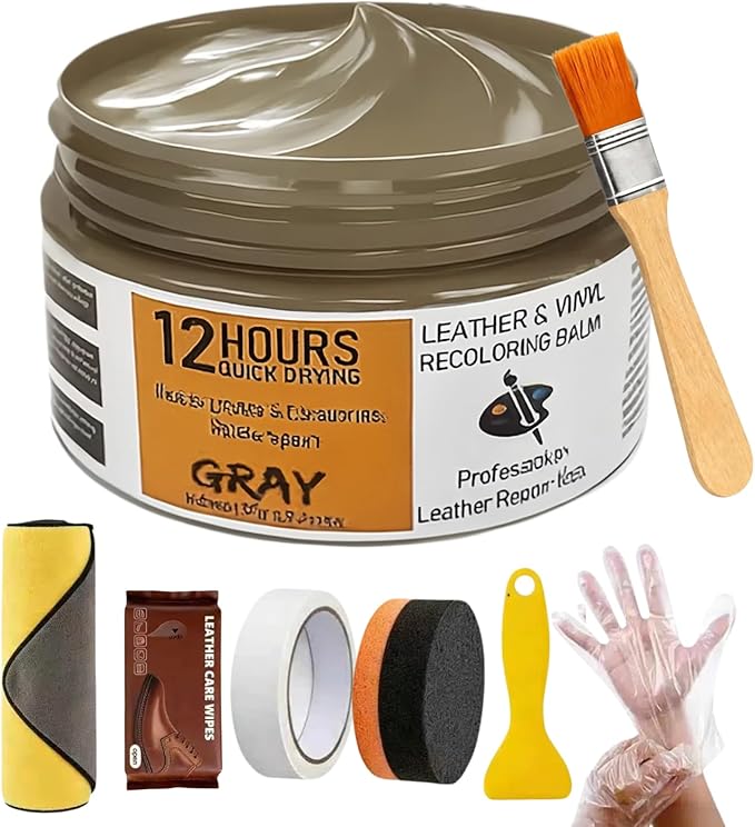 Leather Recoloring Balm 3.53Oz, 12H Quick-Dry Leather Vinyl Repair Cream Kit for Furniture, Couches & Car Seats- Restore Scratched, Faded, & Damaged Surfaces, Waterproof Restorer Gray