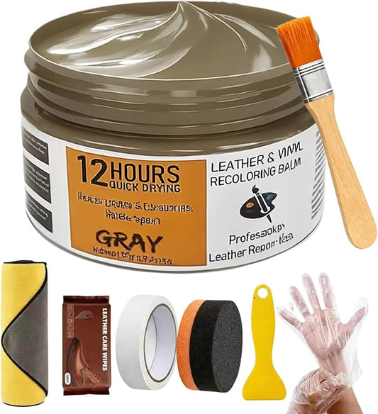 Leather Recoloring Balm 3.53Oz, 12H Quick-Dry Leather Vinyl Repair Cream Kit for Furniture, Couches & Car Seats- Restore Scratched, Faded, & Damaged Surfaces, Waterproof Restorer Gray
