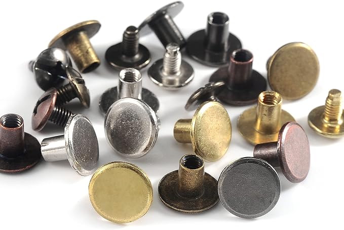 YORANYO 125 Sets Mixed Colors Round Flat Head Chicago Screws for Leather Crafting - Rivet Kit for Clothing, Shoes, Belts, Bags - 25/64 Inch Button Studs