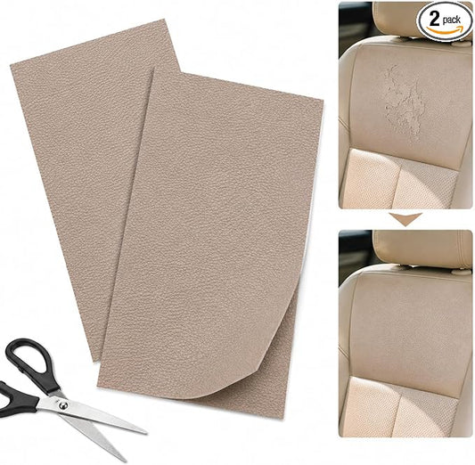 2PCS 8×4 Inch PU Leather Patch for Car Seat Repair, Self-Adhesive Leather Repair Patch Tape for Vinyl Leather Upholstery, Car Seat Furniture Repair Kit (Khaki)
