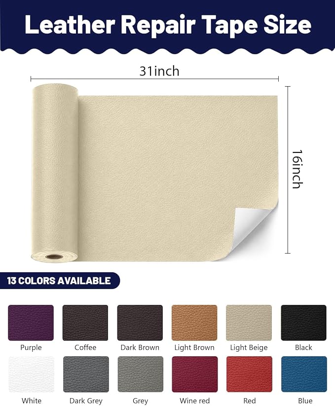 BOUYEER Leather Repair Patch Tape Kit,Self Adhesive Leather Repair for Sofa，Car Seat,Office Chair,Furniture,Jacket,Waterproof Strong Adhesive Vinyl Repair Kit. 16 in x 31 in,Beige