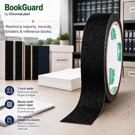 BookGuard 1 Inch Black Book Binding Tape, 15 Yard Book Repair Cloth Tape, Self-Adhesive Bookbinding Tape for Spines, Hinges, Covers, Bibles, Hymnals, Libraries and Schools