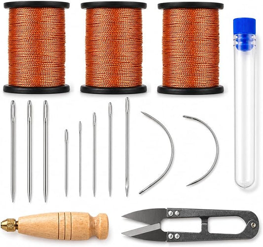 16Pcs Upholstery Repair Sewing Thread Kit,Leather Working Sewing Kit,Includs Sewing Awls & Scissors & Duty Household Hand Needles & Nylon Thread for Repairing Leather Shoes Furniture (Brown)