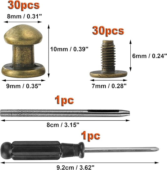 YORANYO 30 Sets 8MM Round Head Button Stud for Leather Chicago Screws Spikes and Stud Leather Rivets Screws Button Rivets for Repair and Decorate Clothing Shoes Belts Bags Dog Collars (Bronze)