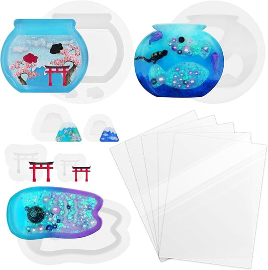 Resin Shaker Silicone Molds and Seal Films Casting Set Pack of 12 Enchanted Japanese Jewelry Charm Koinobori Mt Fuji Goldfish Bowl