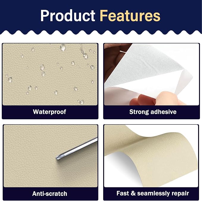Zenyao Leather Repair Patch Tape - Self Adhesive Leather Repair Kit for Car Seat Furniture, Heavy Duty Vinyl Repair Patch for Couch Sofa, Waterproof Fix for Tears, 8x11 Inch Sheet, 2 Pieces, Off White