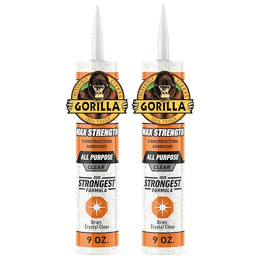 Gorilla Max Strength Construction Adhesive, Clear Glue, 9 Ounce Cartridge (Pack of 2) - Gap Filling and Waterproof