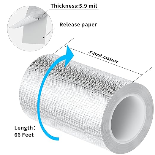 Fiberglass Aluminum Foil Tape 6 Inch x 66 Feet (5.9mil) – Heavy Duty HVAC Metal Tape,High Temp Waterproof Insulation Adhesive for Ductwork, Furnace, Dryer Vent, AC, Pipe Sealing & Repair
