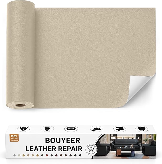 BOUYEER Leather Repair Patch Tape Kit,Self Adhesive Leather Repair for Sofa，Car Seat,Office Chair,Furniture,Jacket,Waterproof Strong Adhesive Vinyl Repair Kit. 17 in x 79 in,Light Beige