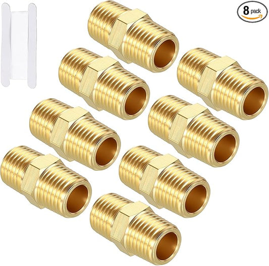 Packs of 8, 1/4" MNPT to 1/4" MNPT Solid Brass Hex Nipple Hose Connectors W/Sealing Tape, Male Pipe Adapter for Pipe Leak Repair, Bathroom Remodeling, Tool Extensions, Compression