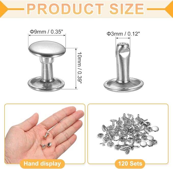 uxcell 120Set Leather Rivets, 9mm Double Cap Rivet Tubular Metal Studs Repairs Decoration Craft Accessories for Repair Decorate Leather Craft Belt Bag Shoes Purse Belts, Silver