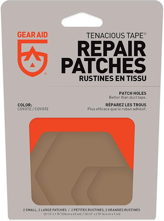GEAR AID Tenacious Tape Hex – 2.5” & 1.5” Repair Patches (4 Patches: Two 2.5” & Two 1.5”, Coyote) – Peel-and-Stick Outdoor Nylon Fabric to Fix Holes and Burns in Down Jackets, Rain Gear and Tents