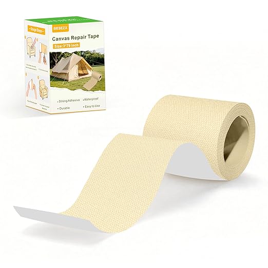Besezx Canvas Repair Tape,Outdoor Gear Patch, 3x79 Inches,Waterproof Self-Adhesive Fabric Repair Tape for Repairing Boat Covers,Sun Shades,Sofas,Tents,Lounge Chairs,Awnings (Ivory Beige)