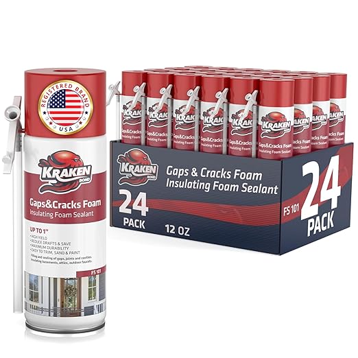 Kraken Bond Gaps & Cracks Expanding Foam Sealant - (24x12oz) High Expansion Polyurethane Spray Foam for Window & Door, Straw Use Waterproof High Yield Gap Filler - 24 Pack