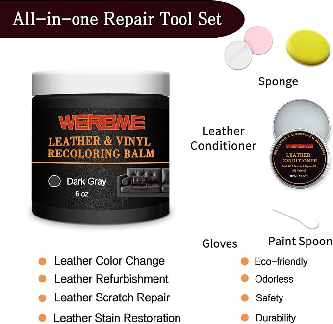 Leather Recoloring Balm & Mink Oil Leather Conditioner, Dark Gray | Restores faded leather, waterproof, scratch repair for couches, car seats, shoes & bags, Complete kit with mink oil & tools