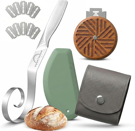 Sourdough Accessories | Seamless Danish Sourdough Bread Whisk, Silicone Dough Scraper & Sourdough Scoring Tool with 5 Blades + Storage Bag (Sourdough bread lame Kit) | Bread baking supplies