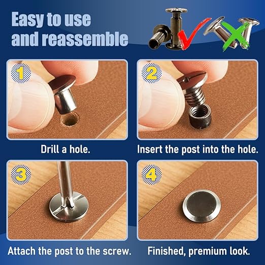 90 Sets Gold Chicago Screws Leather Rivets Kit, 4 Sizes (M5*4,5,6,8) & 2 Screw Lengths (M4*3,4) for Belts, Bookbinding, DIY Leather (Gold)