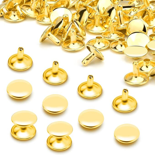 CooBigo 200Sets 12mm Double Round Cap Leather Rivets, Tubular Metal Rivets Spikes Studs, Leather Rivets for Leather Key Fob Clothing Pets Collar Boots Bags Belt Repair and Decoration (Gold)