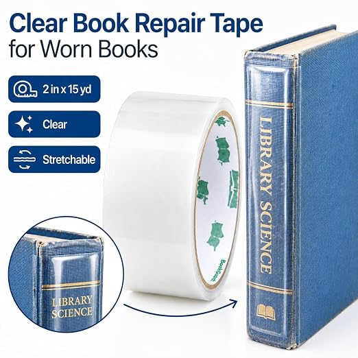 BookGuard Clear Book Repair Tape, 2 in x 15 yd Roll, Stretchable Archival-Safe Polyethylene Book Binding Tape for Spines, Covers, Hinges, Libraries, Schools, Bibles & Hymnals