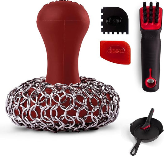 Cuisinel Cast Iron Chain Mail Scrubber + Cleaning Brush + Pan & Grill Scrapers - The Ultimate Skillet and Grill Cleaner Kit - Soft-Touch Confident-Grip Dish Scrub Tool - Silicone/Stainless Accessories