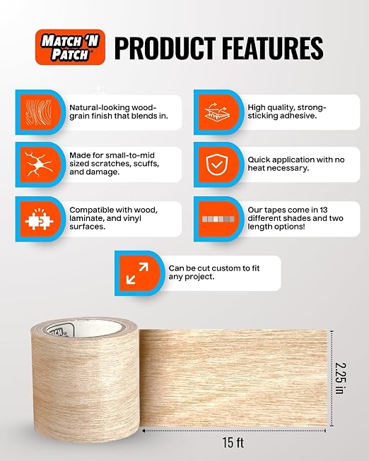 MATCH 'N PATCH Wood Grain Repair Tape - White Oak, 2.25 in x 15 ft (1-Pack) – Wood Grain Colored Duct Tape for Mirror Frame, Trim, Borders, Floor and Other Furniture, Scratch Repair Kit