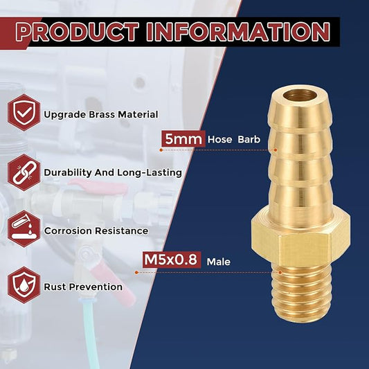 Pack of 1 Brass Hose Barb Fittings 5mm Hose Barb to M5x0.8 Male Fittings for Home Machines, Massage Bathtubs, and Irrigation Systems