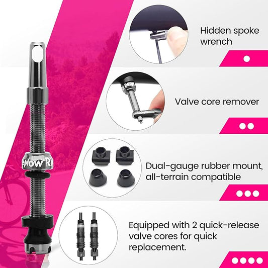 RideNow Tubeless Presta Valve Stems, 65mm Super Light 7075 Aluminum Alloy Presta Tubeless Valve Stem Kit with Valve Core Remover Tool and Valve Stem Caps, Multiple Color & Size(Pair), Titanium Gray