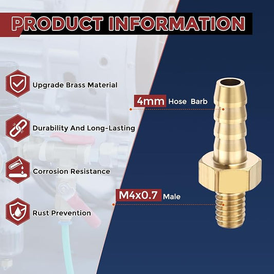 Pack of 4 Brass Hose Barb Fittings Adapter Connector 4mm Hose Barb to M4x0.7 Male Fittings for Home Machines, Massage Bathtubs, and Irrigation Systems