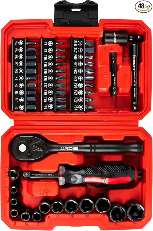 LLNDEI 48 Piece 1/4 Inch Mini Socket Ratchet Wrench Set, Metric Shallow Socket (4-14mm) 6-Point,with 72 Teeth Mini Ratcheting Wrench, Screwdriver Bit Set, Universal Joints and 3 Inch Extensions
