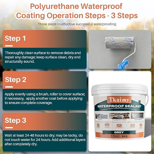 Tkaimy Polyurethane Waterproof Sealant 175oz(5kg), Grey, Fix Leaks & Cracks | Waterproof seal. Stops leaks. Preserves original look. Easy brush, roll, or spray application.