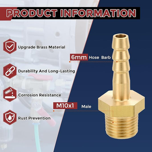 Pack of 10 Brass Hose Barb Fittings 6mm Hose Barb to M10x1 Male Fittings for Home Machines, Massage Bathtubs, and Irrigation Systems