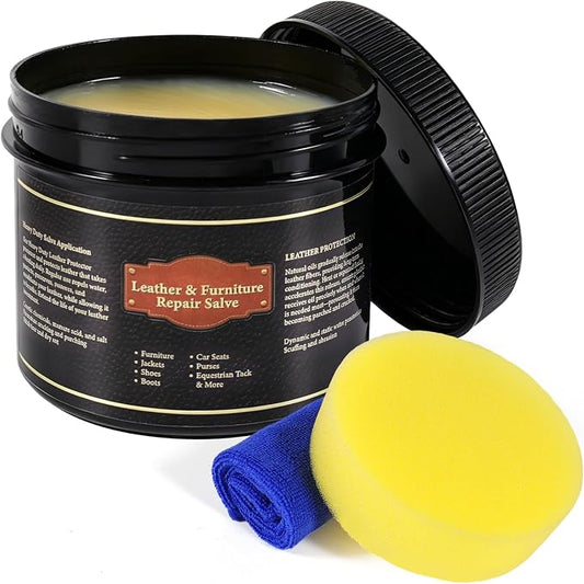 Leather Conditioner and Cleaner Balm for Furniture, Couch, Car Seats, Boots and Bags - Professional Leather Restorer with Natural Beeswax - Deeply Nourishes, Protects and Restores Shine (8oz)