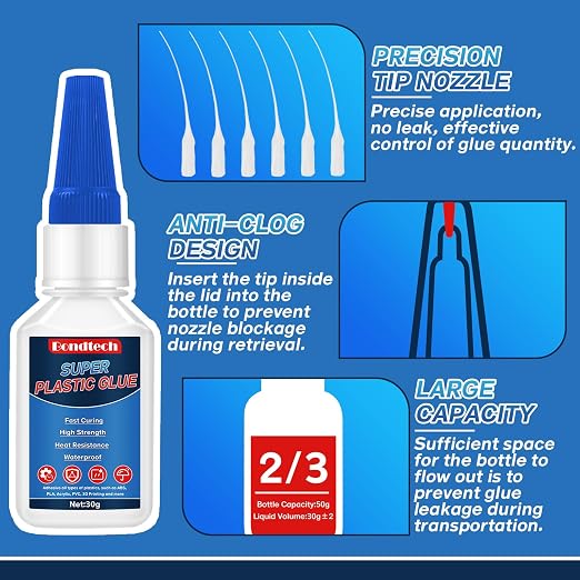 Plastic Glue 30 g*2, Super Glue for Plastic, Strong Clear Adhesive for Miniatures, Model, PLA, 3D Printing, Acrylic, PVC, Waterproof, Heat-Resistant (Clear, 30 Grams * 2 Pack, Plastic Glue)