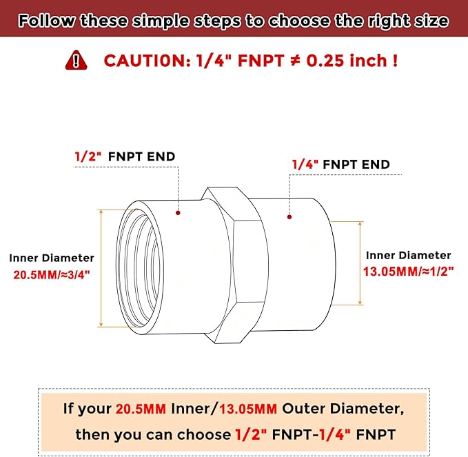 Pack of 6, 1/2" NPT FeMale to 1/4" NPT FeMale Solid Brass Pipe Fitting Coupler, Brass Coupling Hose Fittings Adapter for Pipe Leak Repair, Bathroom Remodeling, Tool Extensions