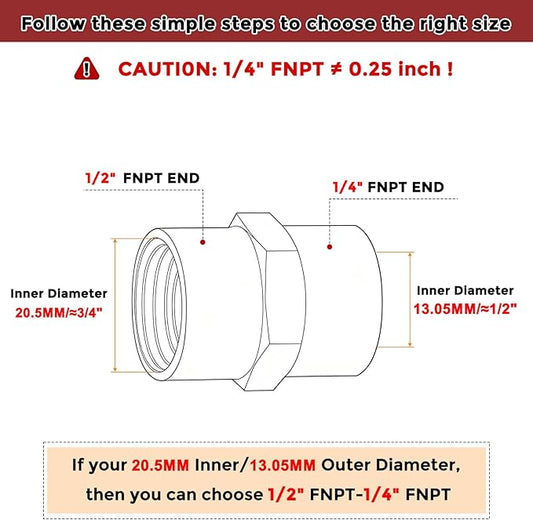 Pack of 6, 1/2" NPT FeMale to 1/4" NPT FeMale Solid Brass Pipe Fitting Coupler, Brass Coupling Hose Fittings Adapter for Pipe Leak Repair, Bathroom Remodeling, Tool Extensions
