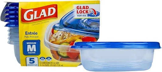 Glad GladWare Entree Food Storage Containers with Lids, Medium Square BPA Free Plastic for Meal Prep and Lunches, Lock Tight Seal, Microwave and Dishwasher Safe, 25 Oz, 5 Count