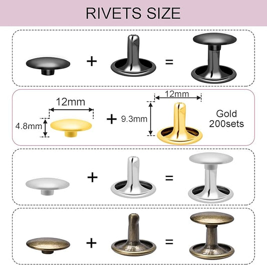 CooBigo 200Sets 12mm Double Round Cap Leather Rivets, Tubular Metal Rivets Spikes Studs, Leather Rivets for Leather Key Fob Clothing Pets Collar Boots Bags Belt Repair and Decoration (Gold)