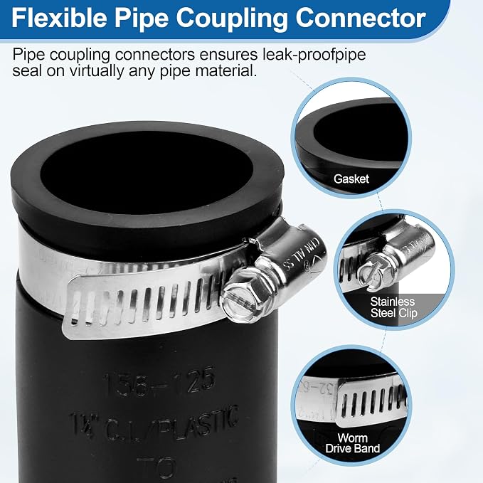 Flexible Coupling Pipe Fittings for 1-1/4" PVC Pipe or 3.925 Inch Circumference Copper Plumbing Connections, with Adjustable Stainless Steel Water Pipe Coupling Clamps Seal Installation