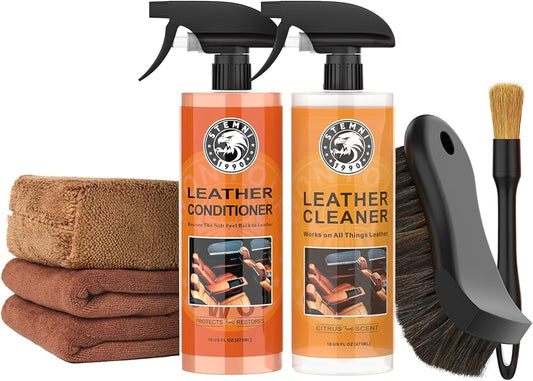Car Leather Cleaner and Conditioner Kit, Leather Care Cleaning Kit with Horse Hair Cleaning Brush - Safe for Car Interiors, Furniture, Boots, Bags & Apparel - Deep Cleaning, Non-Greasy Restorer