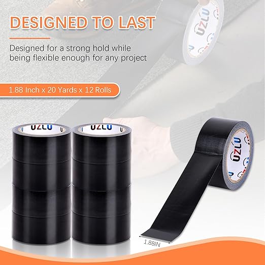 Duct Tape Bulk, Black Duct Tape Heavy Duty, 12 Rolls x 20 Yard x 1.88 Inch Per Roll, Flexible, No Residue, All-Weather and Tear by Hand, Bulk Value for Indoor & Outdoor Repairs, Industrial Use