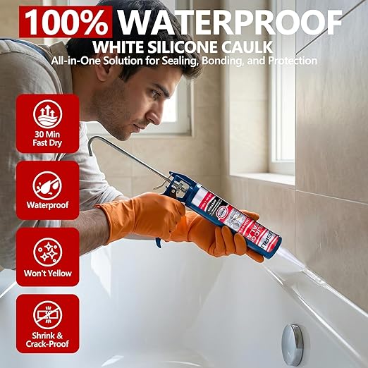 LISRUX Supreme Silicone Caulk for Kitchen & Bathroom, White, 10 fl oz Cartridge, 24 Pack - 100% Waterproof Silicone Sealant, Stronger Adhesion, Shrink & Crack Proof